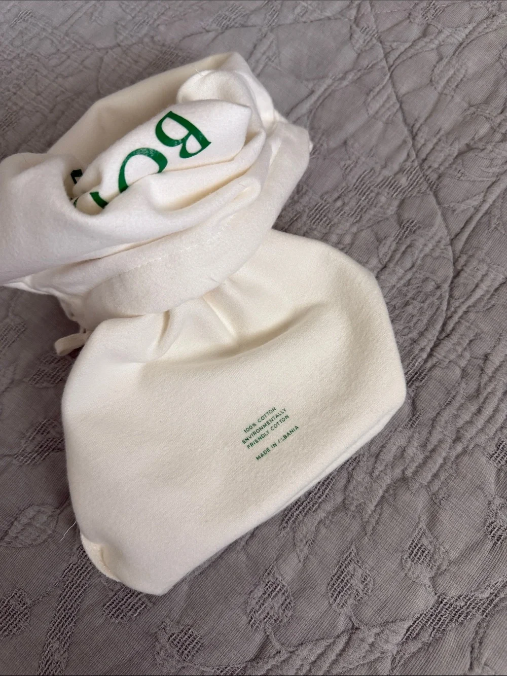 Bottega Veneta White Drawstring Pouch with Green Logo